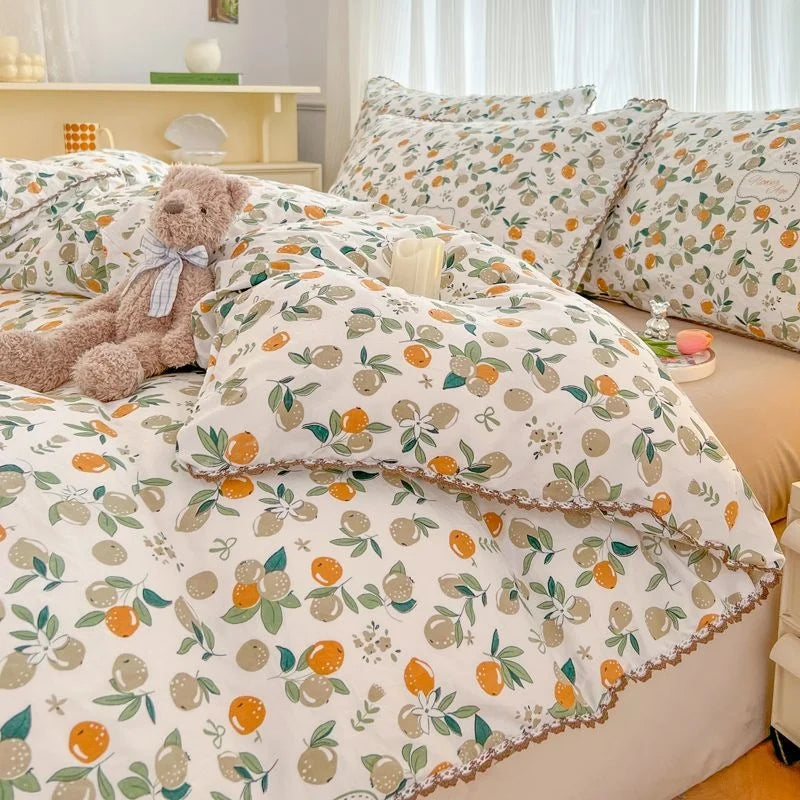 Fresh Botanical Floral Bedding Set for Kids and Adults, Leaves, Flower Duvet Cover, Pillowcases, Soft Washed Cotton, Home Textil