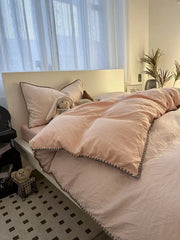 Ins Style Solid Color Stripes Mix and Princess Style Quilt Cover Four-piece Bedding Set Washed Cotton Shell Edge Duvet Cover Set