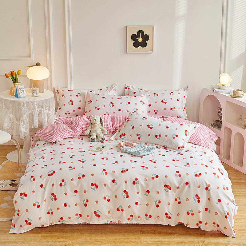 Home Textile Girl Boy Kids Bedding Set Red Cherries Duvet Cover Sheet Pillowcase Woman Adult Beds Sheet King Queen Full