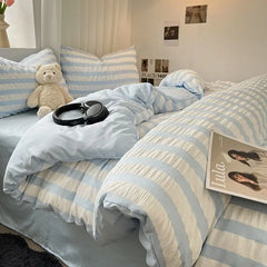 INS Blue White Stripe Seersucker Duvet Cover Bed Sheet Pillowcases NO Filler Princess Bedding Set Girls Home Textiles Full Size