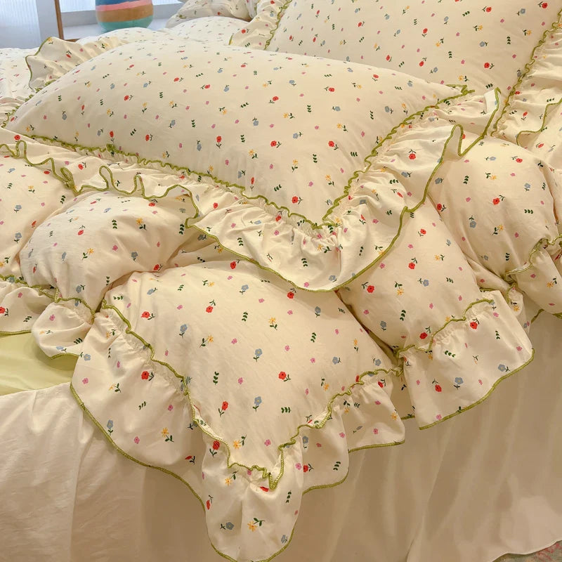 2/3Pc Korean Princess Style Floral Ruffles Bedding Set Single Queen Size Soft Skin-friendly Washed Cotton Duvet Cover Pillowcase