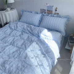 INS Girl Blue Bedding Sets Solid Color Seersucker Ruffles Lace  Kawaii Soft Sheet Woman Duvet Cover Pillow Covers Quilt Cover