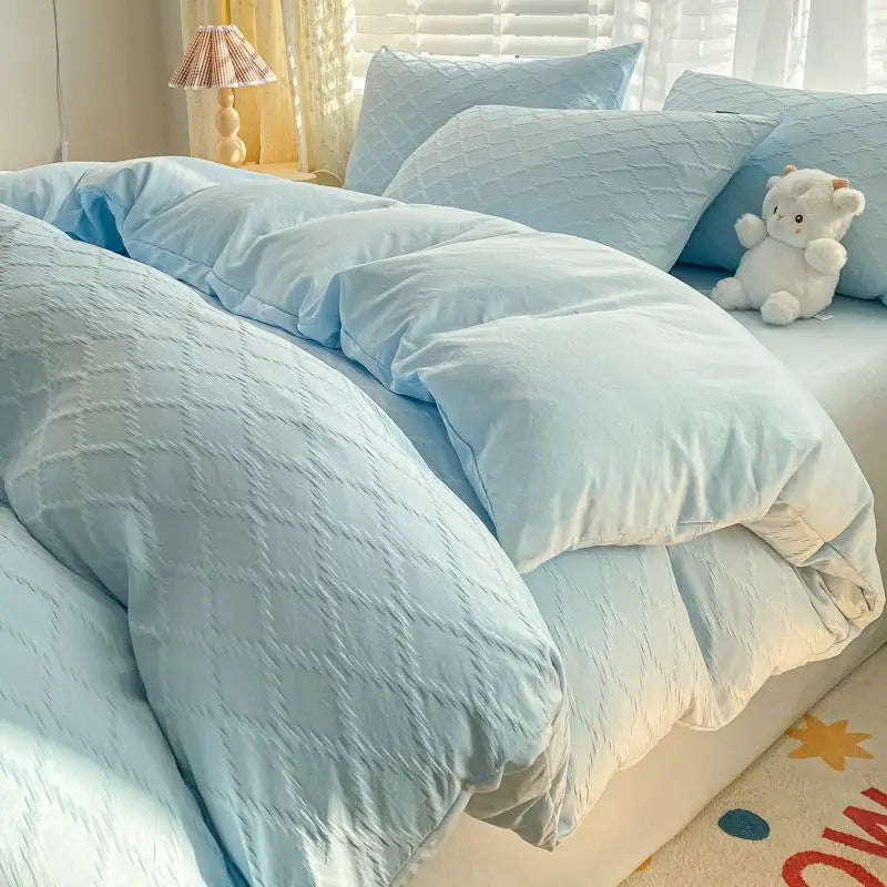 Argyle Jacquard Bedding Set Duvet Cover Pillowcases Flat Sheet Washed Cotton Solid Color Bed Linen Duvet Cover Set