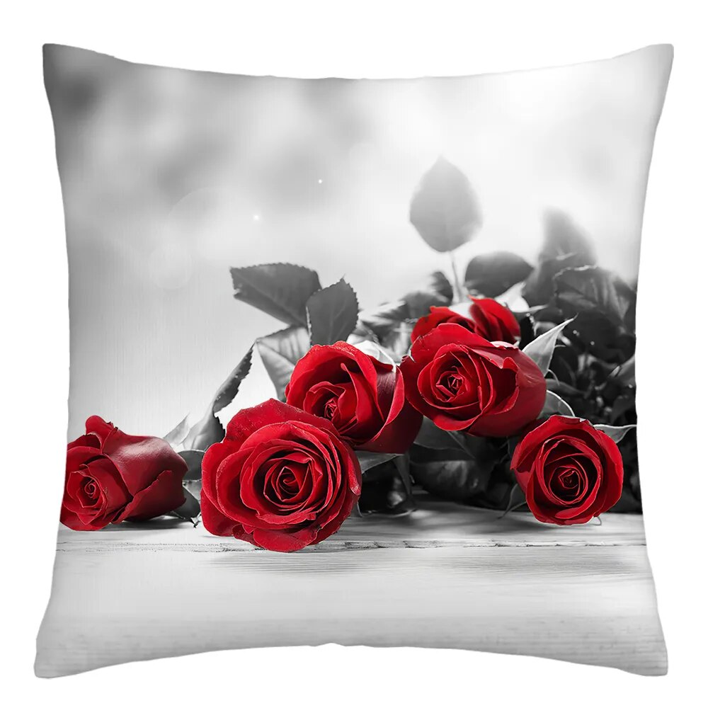 45x45cm Red Rose Flower Cushion Cover Home Wedding Decoration Sofa Bed Lumbar Pillowcase Polyester Red Rose Print Pillow Case