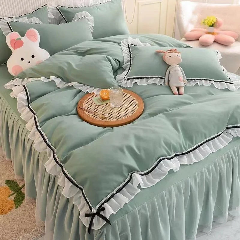 Checkered Bedding Set Bed Skirt Ruffle Lace Princess Style Girls Duvet Cover Simple Solid Color Home Textiles Decor Bedroom