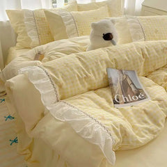 Fashion Lattice Bedding Set Bed Sheet Cute Princess AB Double Sided Ruffle Flower Quilt Cover Pillowcase Bedclothes Home Textile