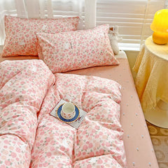 Pink Floral Bedding Set Soft Ins Duvet Cover Flat Sheet Pillowcase Girls Flower Polyester Home Bed Linen Single Double Ful Size