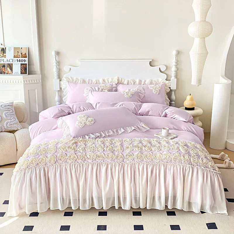 3Pcs Pink Skin-friendly Soft Three-dimensional Flowers Embroidery Lace Ruffles Princess Bedding Set Duvet Cover With Pillowcases