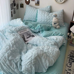 Seersucker Princess Girls Bedding Set Duvet Cover Korean Four PIECE  Washed Cotton Bed Sheet  Cover Quilt Set