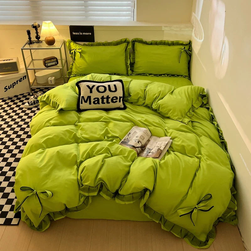 Bowknot Bedclothes Lace Style Bed Sheets Set Skin-friendly Bedding ropa de cama Single/Double/Queen/King Size Bed Linen Set