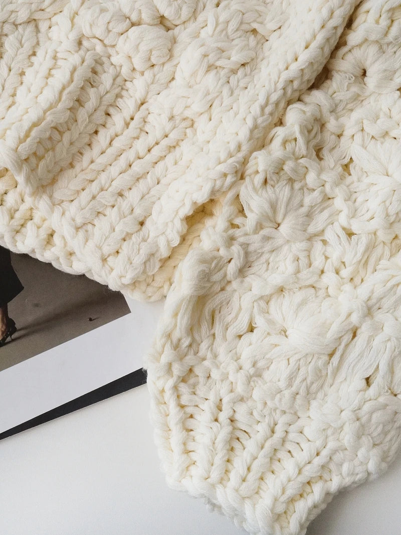 White Knitted Hollow-Out V-Neck Cardigan Sweater