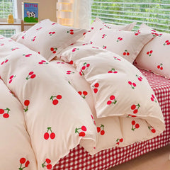 Cute Cherry Duvet Cover Set No Filler Flat Sheet Pillowcases Ins Korean Queen Double Full Size Soft Girl Boys Bed Linens