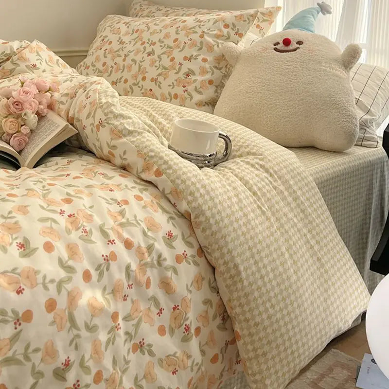 Fashion Floral Bedding Set Blue Pink Boys Girls Single Double Size Duvet Cover Kit No Filling Flat Sheet Pillowcase Home Textile