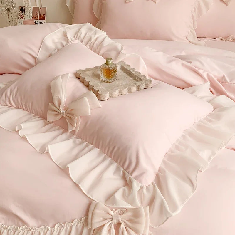 Chiffon Lace Bedding Set Pink France Romantic Princess Wedding Ruffles Bow Soft Duvet Cover Bed Sheet Pillowcases Home Textile