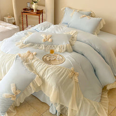 French Princess Style Bedding Sets Ruffle Lace Bow Quilt Cover Romantic Wedding Bedclothes Decor Woman Girls Bedroom Duvet Cover