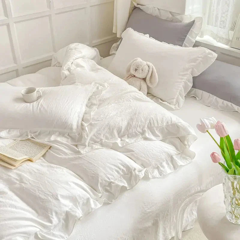 Korean Princess Style Duvet Cover Set No Filling Pink Blue Soft Washed Cotton Girls Favorite Ruffles Bed Linen Pillowcases