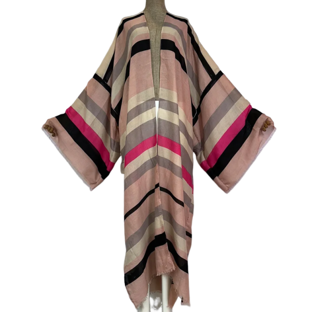 Warm Striped Maxi Kimono Cardigan - WINI