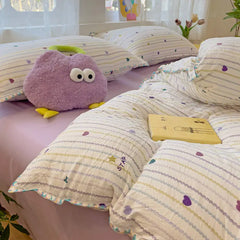 Ins Bedding Set Purple Love Stripe Double Layer Yarn Four Piece Dormitory Girl Heart Bed Sheet And Quilt Set Washed Cotton