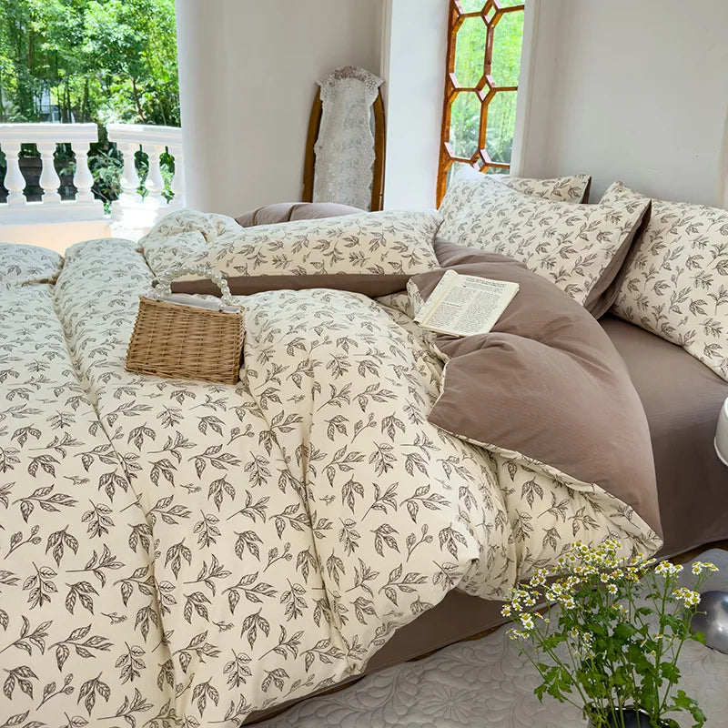 Vintage Floral Style Bedding Set No Filler Soft Fall Winter Thickening Duvet Cover Flat Sheet Pillowcase Full King Bed Linen