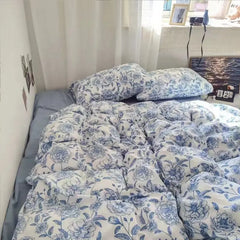 Blue Floral Duvet Cover Set with Pillowcase Bed Sheet No Filler  New Single Double Queen Size Bedding Linens Fashion