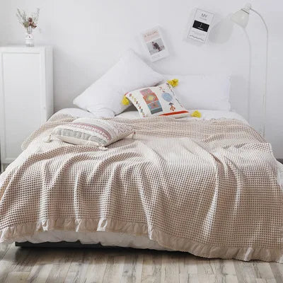 100% Cotton Soft Bed Plaid Home Japenese Knitted Blanket Corn Grain Waffle Embossed Summer Ruffles Warm Plaid Throw Bedspread
