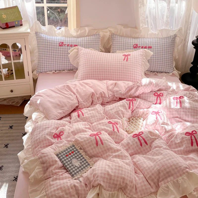 2025 Princess Bedding Set Lace Bow Pink Plaid 4pcs Bedding for Spring Quilt Cover Sheet And Pillowcase Soft Romantic For Girls