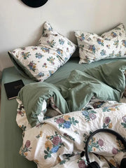 Korean Style Ins Retro Fresh Floral Washed Cotton Bed Four Piece Duvet Set, Student Dormitory Bed Sheet Three Piece Set