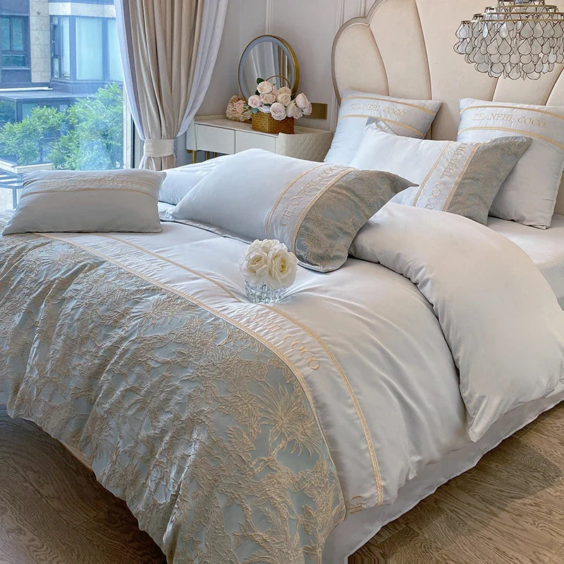 4pcs Class A High-end Long-staple Cotton Thickened Brushed Embroidery Quilt Cover Flat/fitted Bed Sheet European Bedding Set