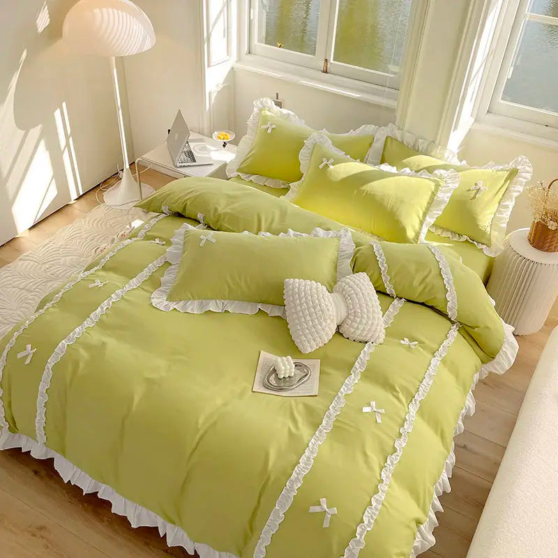 Princess Style Duvet Cover Set with Flat Sheet Pillowcases Korean Green Pink Girls Gift Spring Single Queen Size Bedding Kit