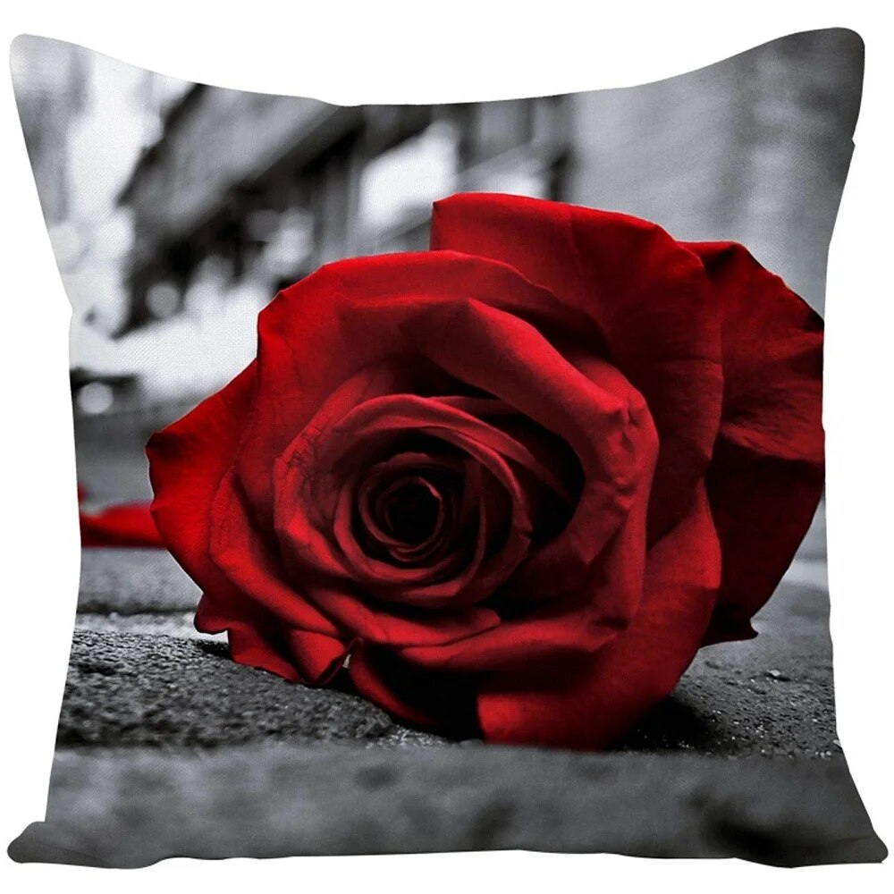 45x45cm Red Rose Flower Cushion Cover Home Wedding Decoration Sofa Bed Lumbar Pillowcase Polyester Red Rose Print Pillow Case