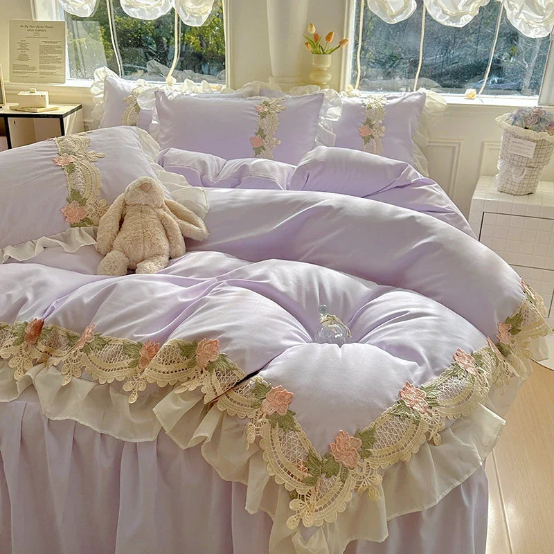 2025 New INS Princess Style Bedding Sets Ruffle Lace Bow Quilt Cover Romantic Bedclothes Woman Girls Bedroom Duvet Cover 4pcs