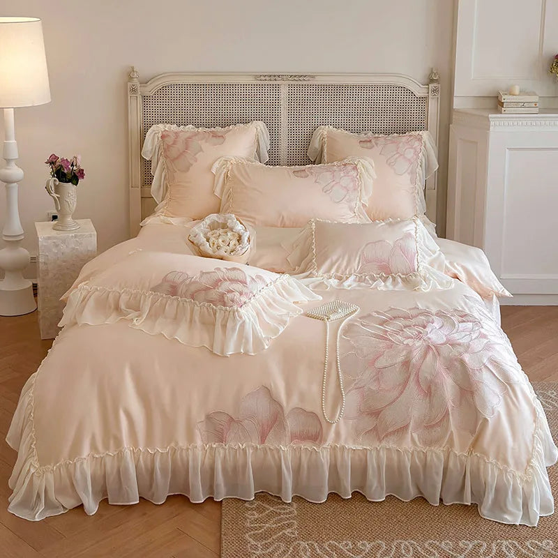 Princess Long Stable Cotton Duvet Cover Set Four Piece Set French Flower Embroidery Quilt Cover Lace Bedding Set Bedsheets