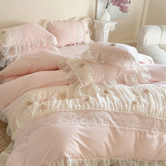Princess Style Lace Ruffles Wedding Bedding Set Korean Soft Rose Flowers Four-Piece Set Duvet Cover Bed Sheet Pillowcase 4Pcs