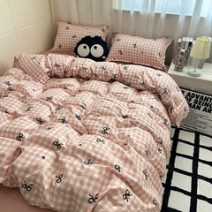 Girls Duvet Cover Pink Bow Kawaii Bedding Set Polyester Bedclothes Sheet Pillowcase Twin Full Queen Size Ins Floral Bedspread