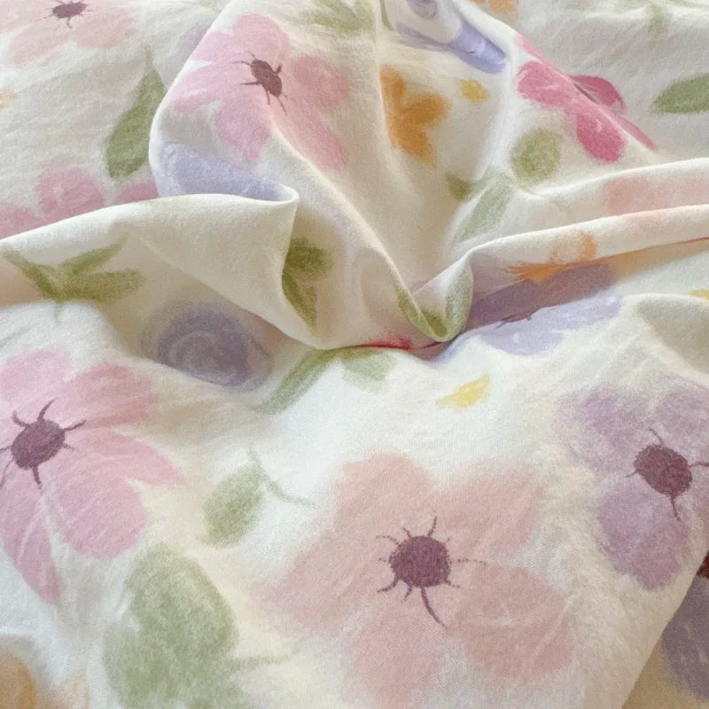 Colorful Floral Style Bedding Sets Romantic Flowers Duvet Cover Single Queen Size Washed Cotton Bedclothes Girls Home Textiles