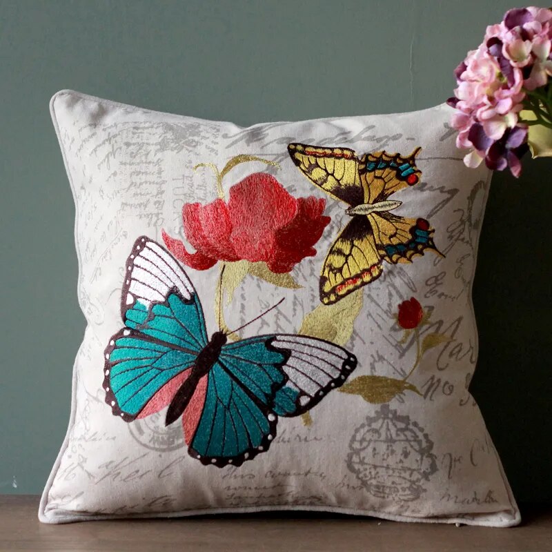 45x45cm Throw Pillows Cotton Linen Flower Embroidery Pillowcase Cover Sofa Car Cushion with Core Home Decor for Living Room