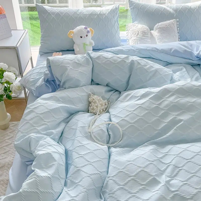 Argyle Jacquard Bedding Set Duvet Cover Pillowcases Flat Sheet Washed Cotton Solid Color Bed Linen Duvet Cover Set