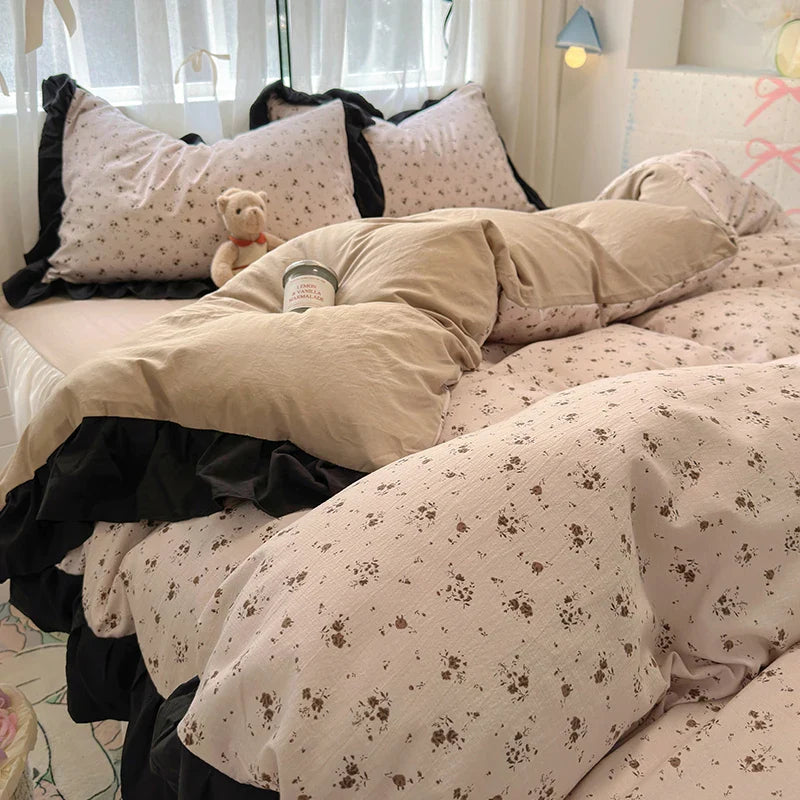 Bedding Set Korean Style New  Small Floral Water Washed Cotton Lace Duvet Cover Set Queen Size