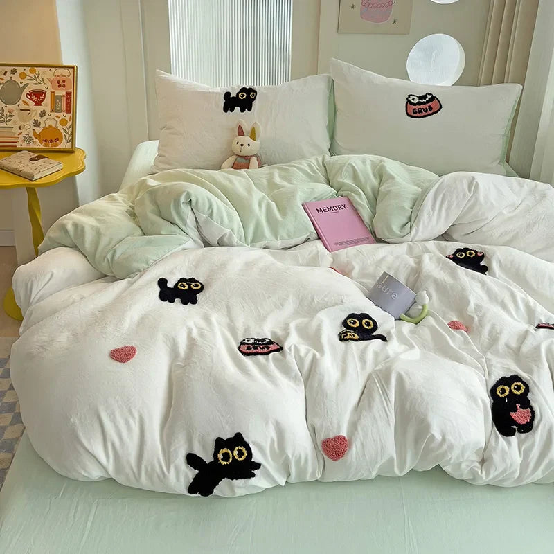 Bedding Set Super Soft Washed Cotton Towel Embroidery Duvet Cover Four Piece Set - Lucky Cat Series