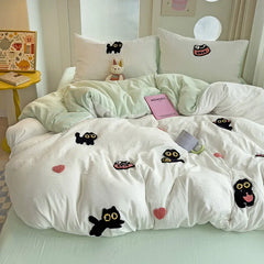 Bedding Set Super Soft Washed Cotton Towel Embroidery Duvet Cover Four Piece Set - Lucky Cat Series