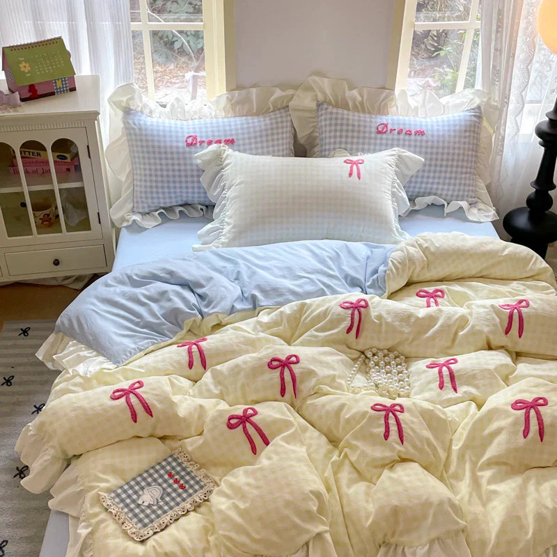 2025 Princess Bedding Set Lace Bow Pink Plaid 4pcs Bedding for Spring Quilt Cover Sheet And Pillowcase Soft Romantic For Girls