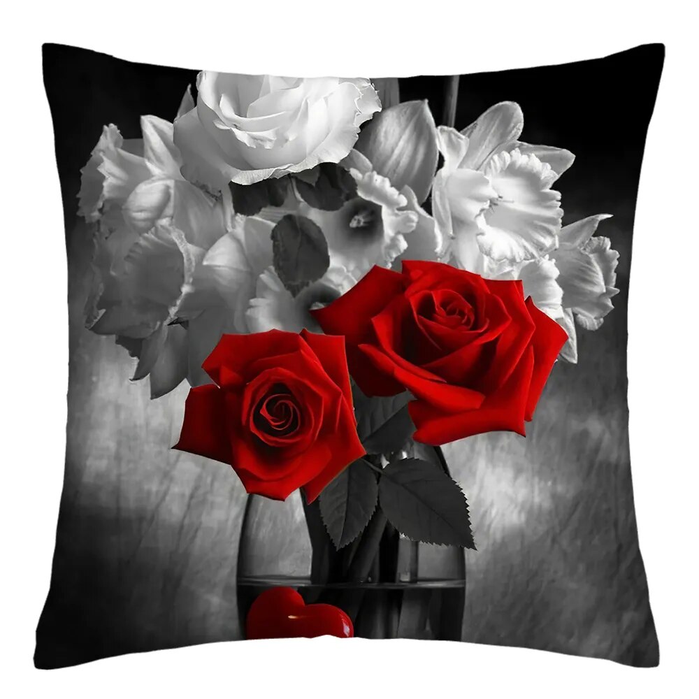45x45cm Red Rose Flower Cushion Cover Home Wedding Decoration Sofa Bed Lumbar Pillowcase Polyester Red Rose Print Pillow Case
