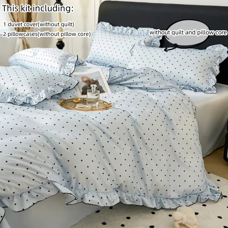 3pcs  Korean lace Duvet Cover Set (1*Duvet Cover + 2*Pillowcase, Without Core), Black dot print print Bedding Set