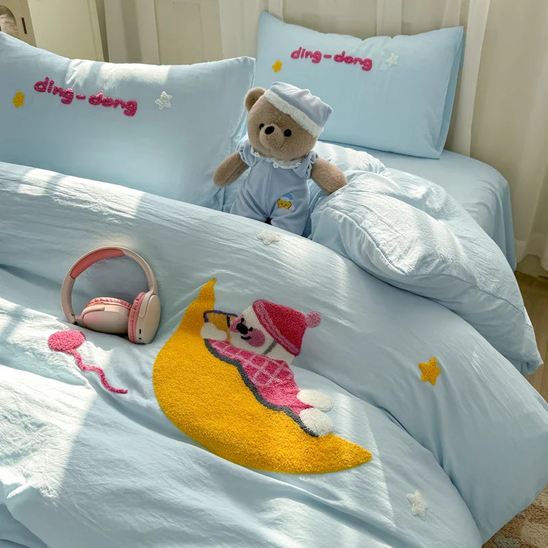 Bedding Set Ins Cute Blue embroidery Mixed With Washed Cotton Minimalist Four Piece Set Fitted Sheets Duvet Cover