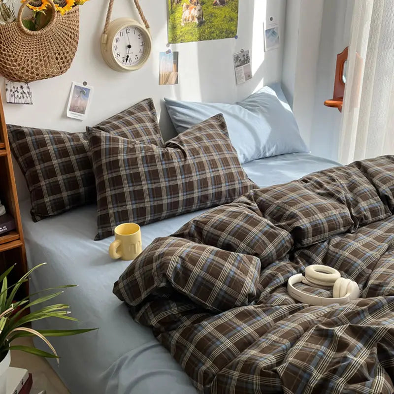 Bedding Set Ins Ambiance Blue Coffee Grid Mixed With Washed Cotton Minimalist Four Piece Set Fitted Sheets Duvet Cover