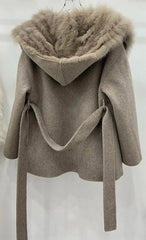 Hooded Fur Wool Belted Coat