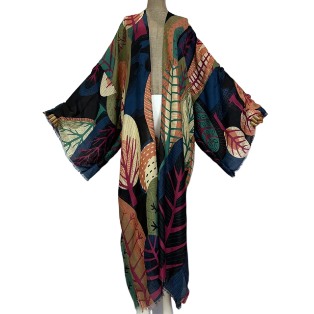Vibrant Leaf Print Kimono Cardigan - WINI