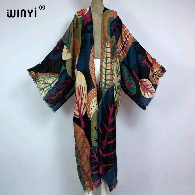 Vibrant Leaf Print Kimono Cardigan - WINI