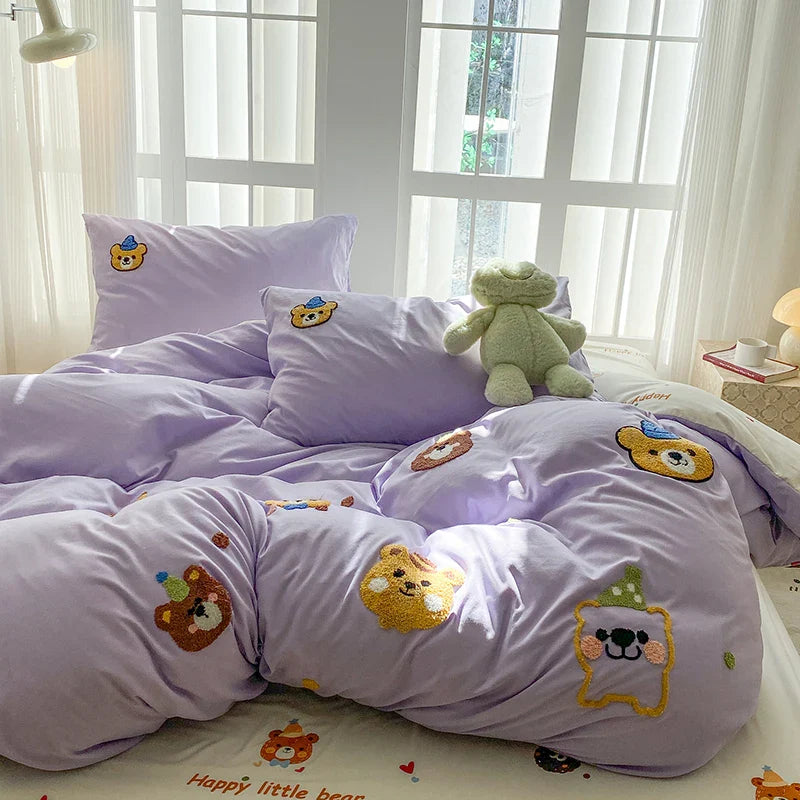 Bedding Set Ins Blue Pink lovely embroidery Mixed With Washed Cotton Minimalist Four Piece Set Fitted Sheets Duvet Cover