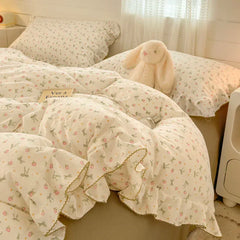 2025 Princess Style Bedding Sets Ruffle Lace Bow Quilt Cover Romantic Bedclothes Decor Woman Girls Bedroom Duvet Cover 4pcs